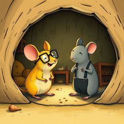 Inside a cozy mouse hole, a delightful scene captures a yellow mouse wearing glasses laughing at a grey mouse dressed in suspenders