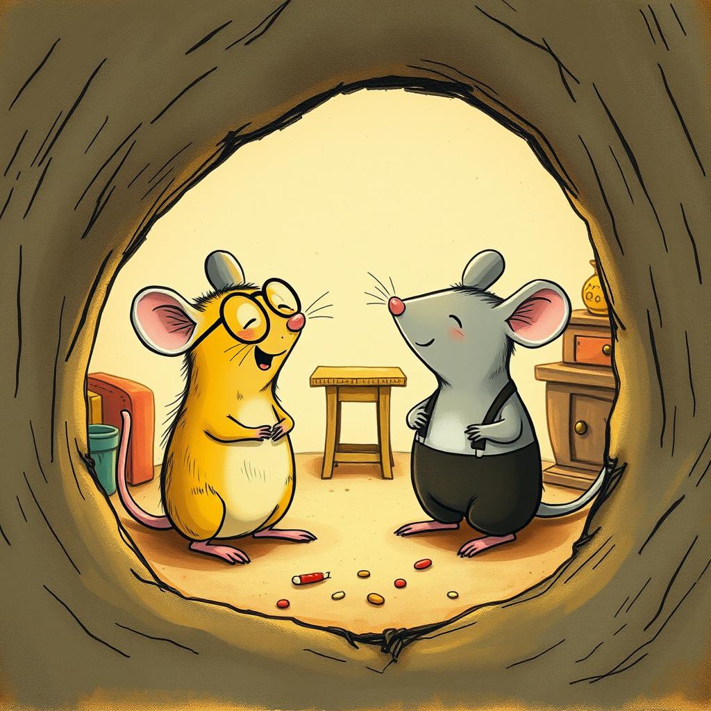 Inside a cozy mouse hole, a delightful scene captures a yellow mouse wearing glasses laughing at a grey mouse dressed in suspenders