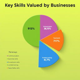 Create an infographic featuring a stylish and modern pie chart that displays the percentages of surveyed businesses valuing communication, teamwork, and problem-solving skills