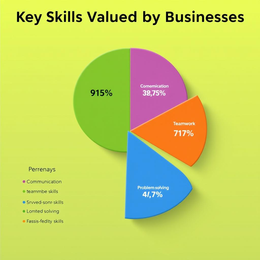 Create an infographic featuring a stylish and modern pie chart that displays the percentages of surveyed businesses valuing communication, teamwork, and problem-solving skills