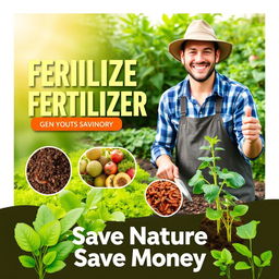 A vibrant and informative poster promoting the benefits of organic fertilizer, highlighting its positive impact on nature and cost savings