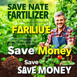 A vibrant and informative poster promoting the benefits of organic fertilizer, highlighting its positive impact on nature and cost savings