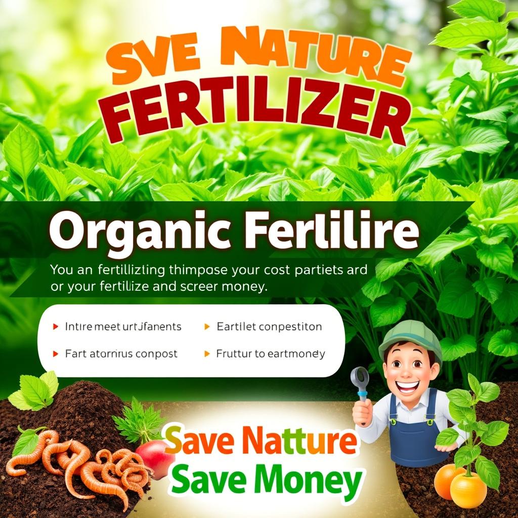 A vibrant and informative poster promoting the benefits of organic fertilizer, highlighting its positive impact on nature and cost savings