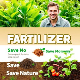 A vibrant and informative poster promoting the benefits of organic fertilizer, highlighting its positive impact on nature and cost savings