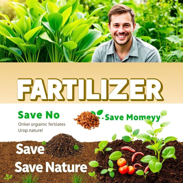 A vibrant and informative poster promoting the benefits of organic fertilizer, highlighting its positive impact on nature and cost savings