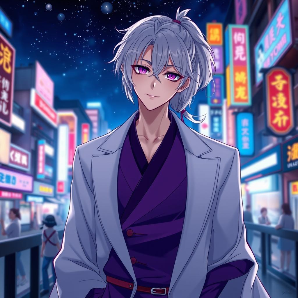 A captivating 21-year-old anime ikemen man with shoulder-length white hair tied in a half ponytail, featuring striking purple eyes