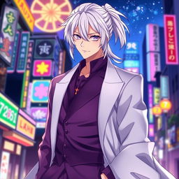 A captivating 21-year-old anime ikemen man with shoulder-length white hair tied in a half ponytail, featuring striking purple eyes