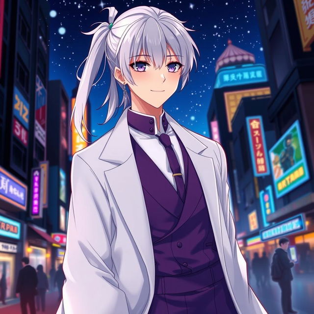 A captivating 21-year-old anime ikemen man with shoulder-length white hair tied in a half ponytail, featuring striking purple eyes