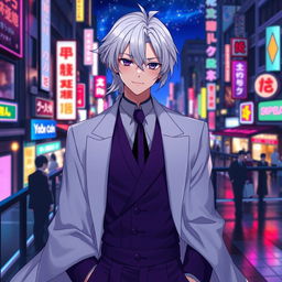 A captivating 21-year-old anime ikemen man with shoulder-length white hair tied in a half ponytail, featuring striking purple eyes