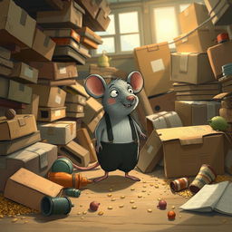 A grey mouse dressed in suspenders resides in a cluttered warehouse, surrounded by piles of old boxes and scattered bits of food
