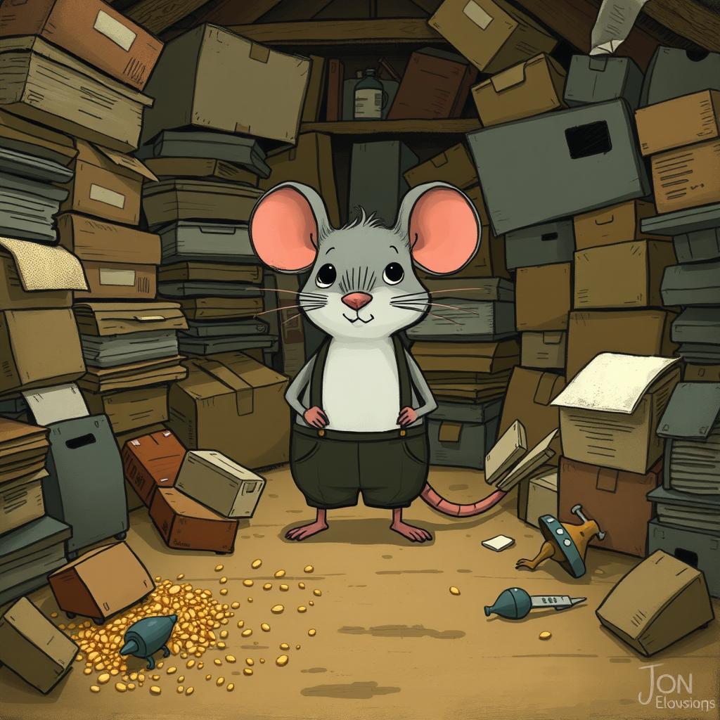 A grey mouse dressed in suspenders resides in a cluttered warehouse, surrounded by piles of old boxes and scattered bits of food