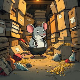 A grey mouse dressed in suspenders resides in a cluttered warehouse, surrounded by piles of old boxes and scattered bits of food