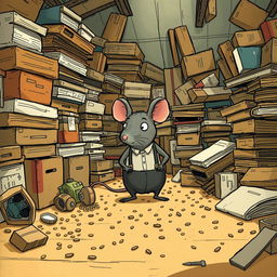 A grey mouse dressed in suspenders resides in a cluttered warehouse, surrounded by piles of old boxes and scattered bits of food