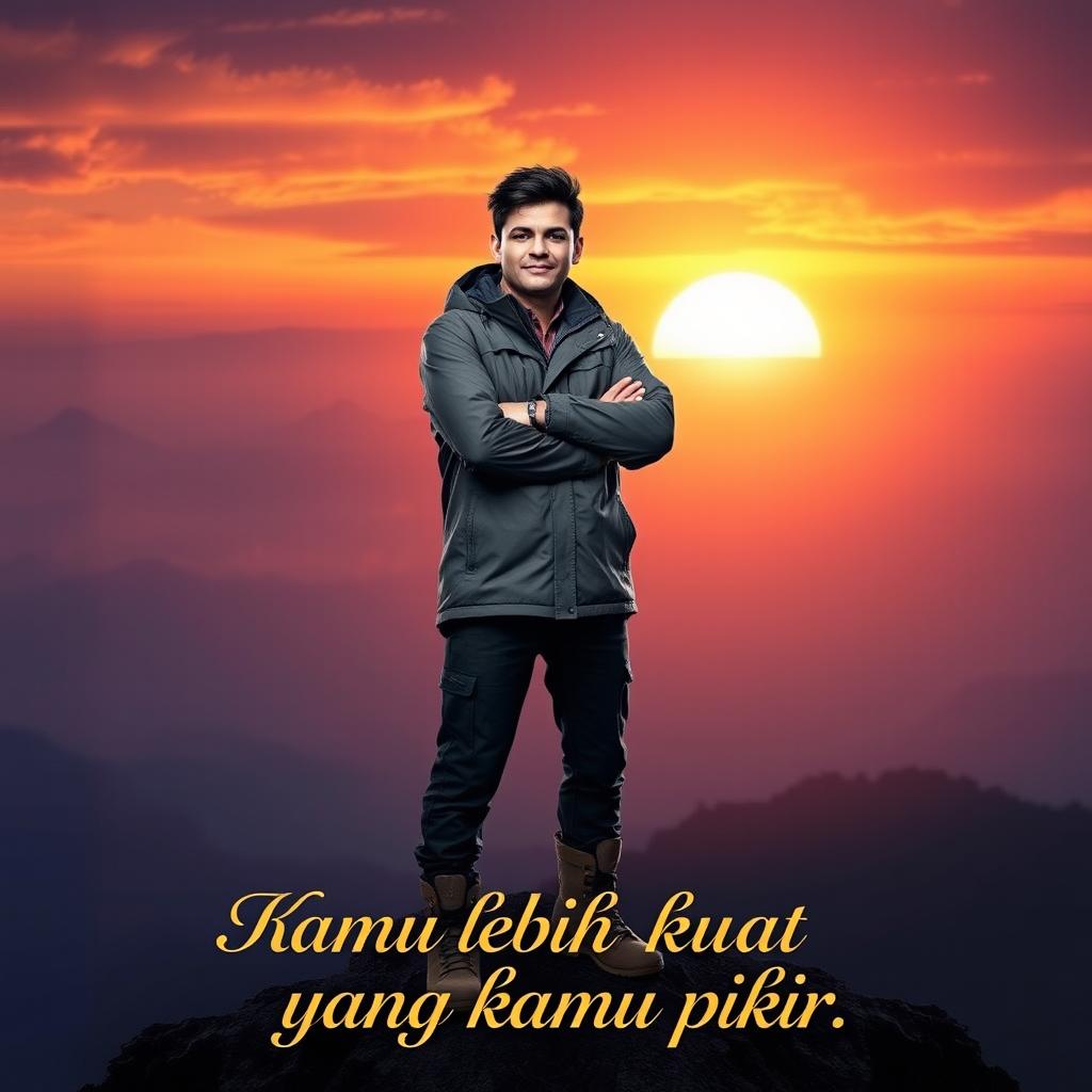 An inspiring and motivational scene featuring a person who appears strong and determined, standing at the top of a mountain with a radiant sunrise in the background