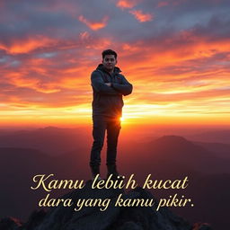 An inspiring and motivational scene featuring a person who appears strong and determined, standing at the top of a mountain with a radiant sunrise in the background