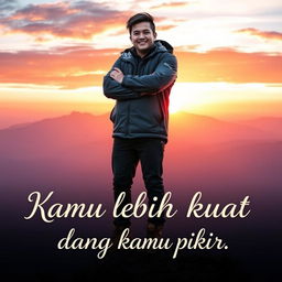 An inspiring and motivational scene featuring a person who appears strong and determined, standing at the top of a mountain with a radiant sunrise in the background