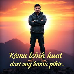 An inspiring and motivational scene featuring a person who appears strong and determined, standing at the top of a mountain with a radiant sunrise in the background