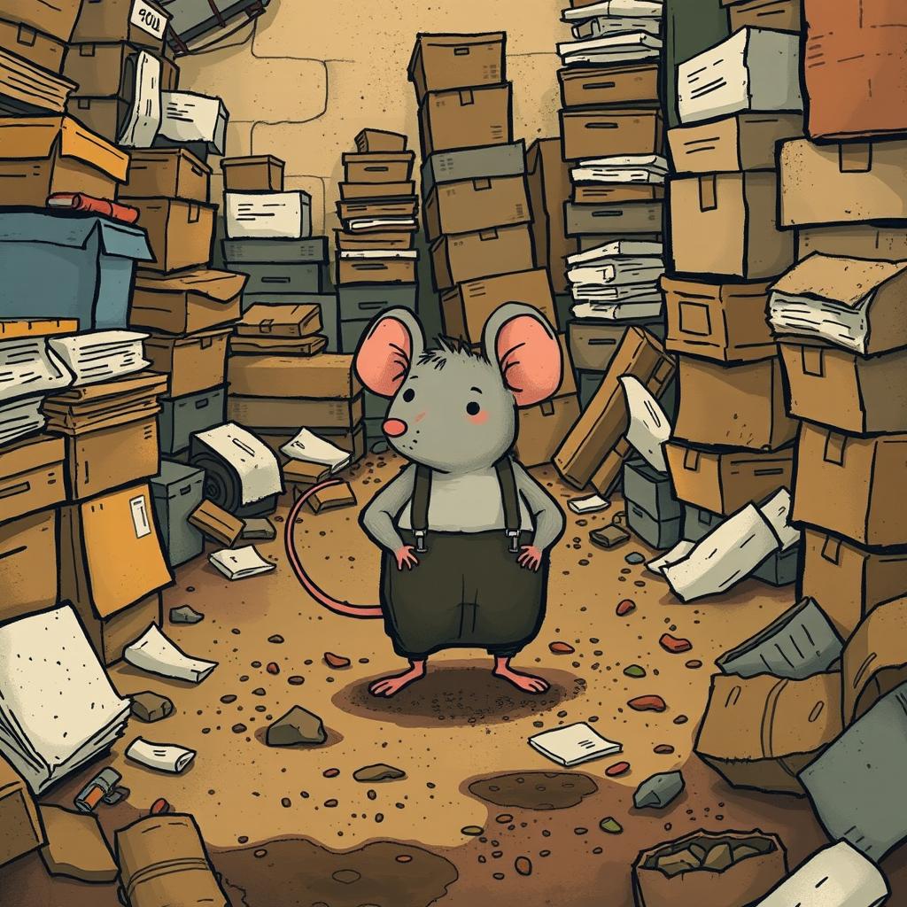 A grey mouse dressed in suspenders lives in a messy warehouse, surrounded by clutter and dirt