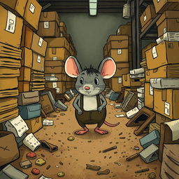 A grey mouse dressed in suspenders lives in a messy warehouse, surrounded by clutter and dirt