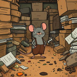 A grey mouse dressed in suspenders lives in a messy warehouse, surrounded by clutter and dirt