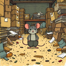 A grey mouse dressed in suspenders lives in a messy warehouse, surrounded by clutter and dirt