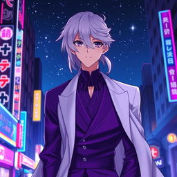 A charismatic 21-year-old anime ikemen man with shoulder-length white hair styled in a half ponytail and captivating purple eyes