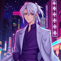 A charismatic 21-year-old anime ikemen man with shoulder-length white hair styled in a half ponytail and captivating purple eyes