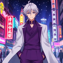 A charismatic 21-year-old anime ikemen man with shoulder-length white hair styled in a half ponytail and captivating purple eyes