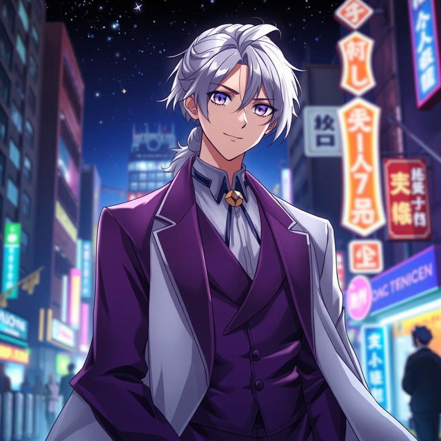 A charismatic 21-year-old anime ikemen man with shoulder-length white hair styled in a half ponytail and captivating purple eyes