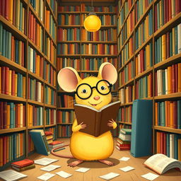 A charming scene of a yellow mouse wearing glasses living in a library, surrounded by towering shelves filled with colorful books