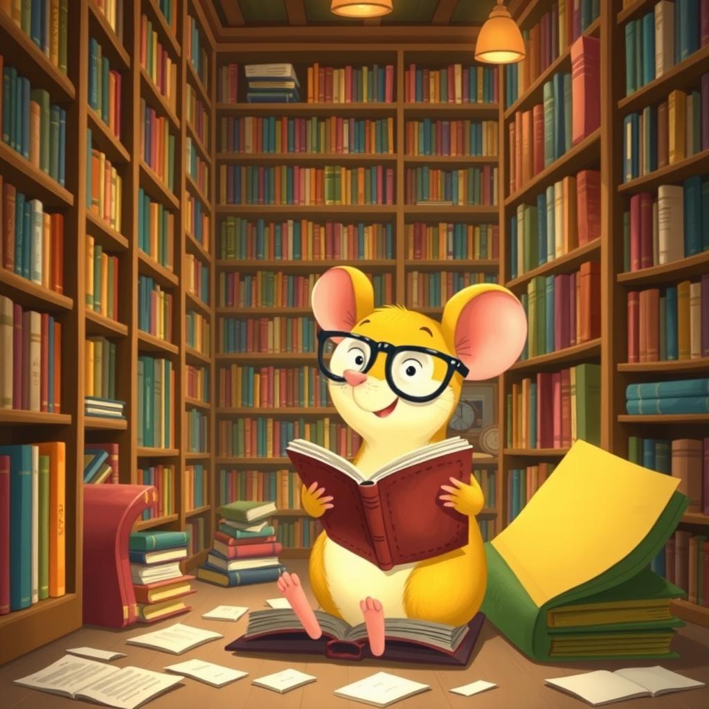 A charming scene of a yellow mouse wearing glasses living in a library, surrounded by towering shelves filled with colorful books