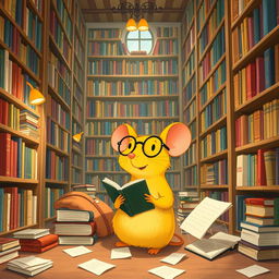 A charming scene of a yellow mouse wearing glasses living in a library, surrounded by towering shelves filled with colorful books