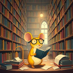 A charming scene of a yellow mouse wearing glasses living in a library, surrounded by towering shelves filled with colorful books