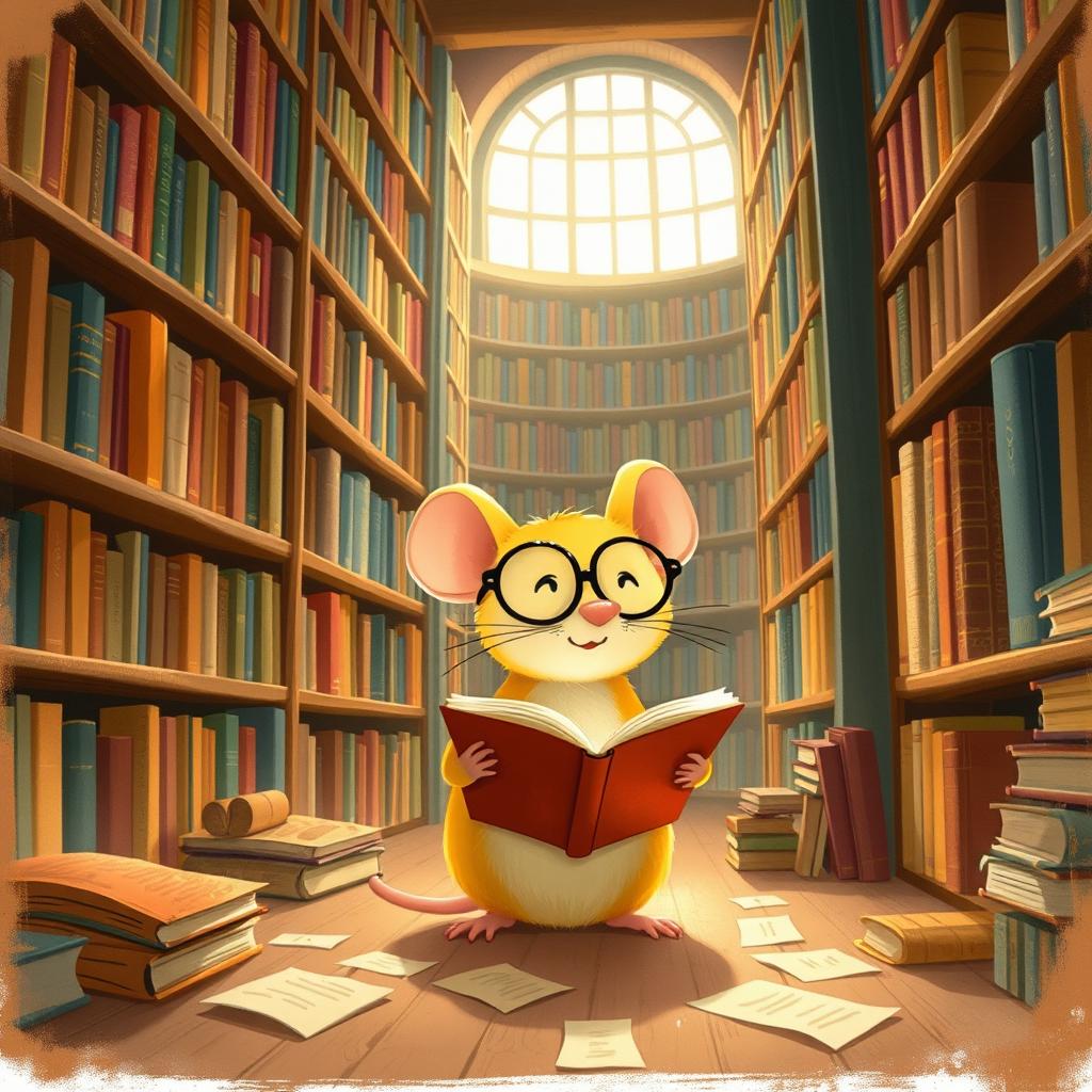 A yellow mouse wearing glasses lives in a library, surrounded by towering shelves filled with colorful books and cozy nooks