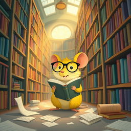 A yellow mouse wearing glasses lives in a library, surrounded by towering shelves filled with colorful books and cozy nooks