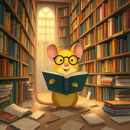 A yellow mouse wearing glasses lives in a library, surrounded by towering shelves filled with colorful books and cozy nooks