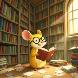 A yellow mouse wearing glasses lives in a library, surrounded by towering shelves filled with colorful books and cozy nooks