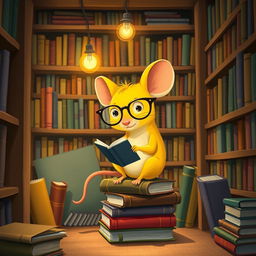 A delightful scene featuring a yellow mouse wearing glasses, residing in a cozy library filled with books