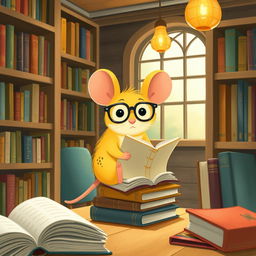 A delightful scene featuring a yellow mouse wearing glasses, residing in a cozy library filled with books