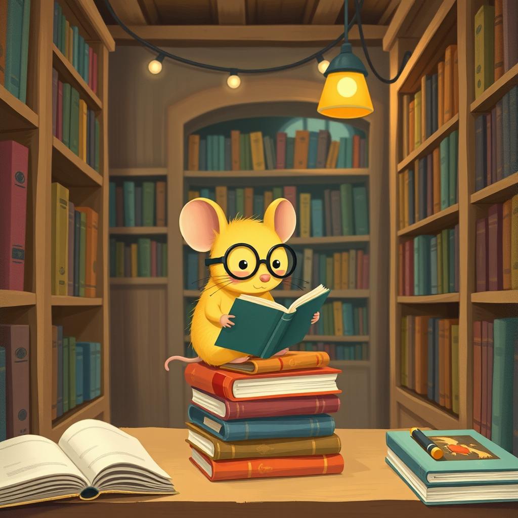 A delightful scene featuring a yellow mouse wearing glasses, residing in a cozy library filled with books