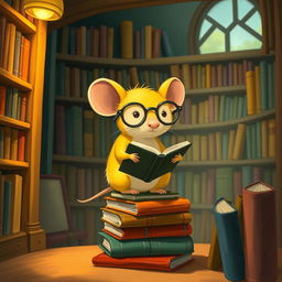 A delightful scene featuring a yellow mouse wearing glasses, residing in a cozy library filled with books