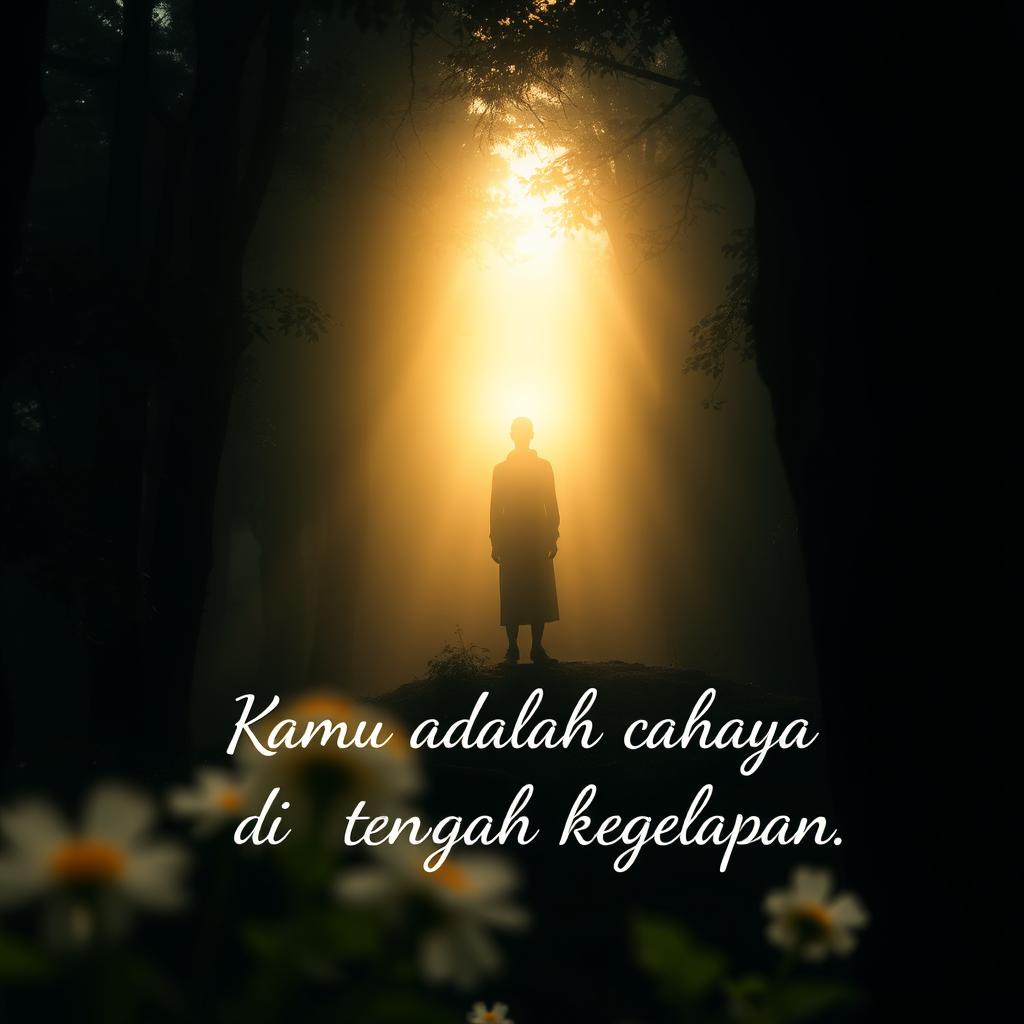 A serene and uplifting scene depicting a figure standing tall in a dark forest, surrounded by thick trees and shadows