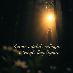 A serene and uplifting scene depicting a figure standing tall in a dark forest, surrounded by thick trees and shadows