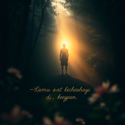 A serene and uplifting scene depicting a figure standing tall in a dark forest, surrounded by thick trees and shadows