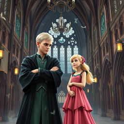 A magical scene at Hogwarts School of Witchcraft and Wizardry featuring Draco Malfoy and Luna Lovegood standing together in a grand, castle hall