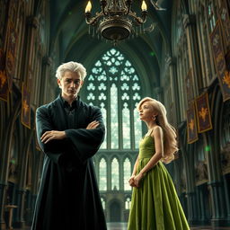 A magical scene at Hogwarts School of Witchcraft and Wizardry featuring Draco Malfoy and Luna Lovegood standing together in a grand, castle hall