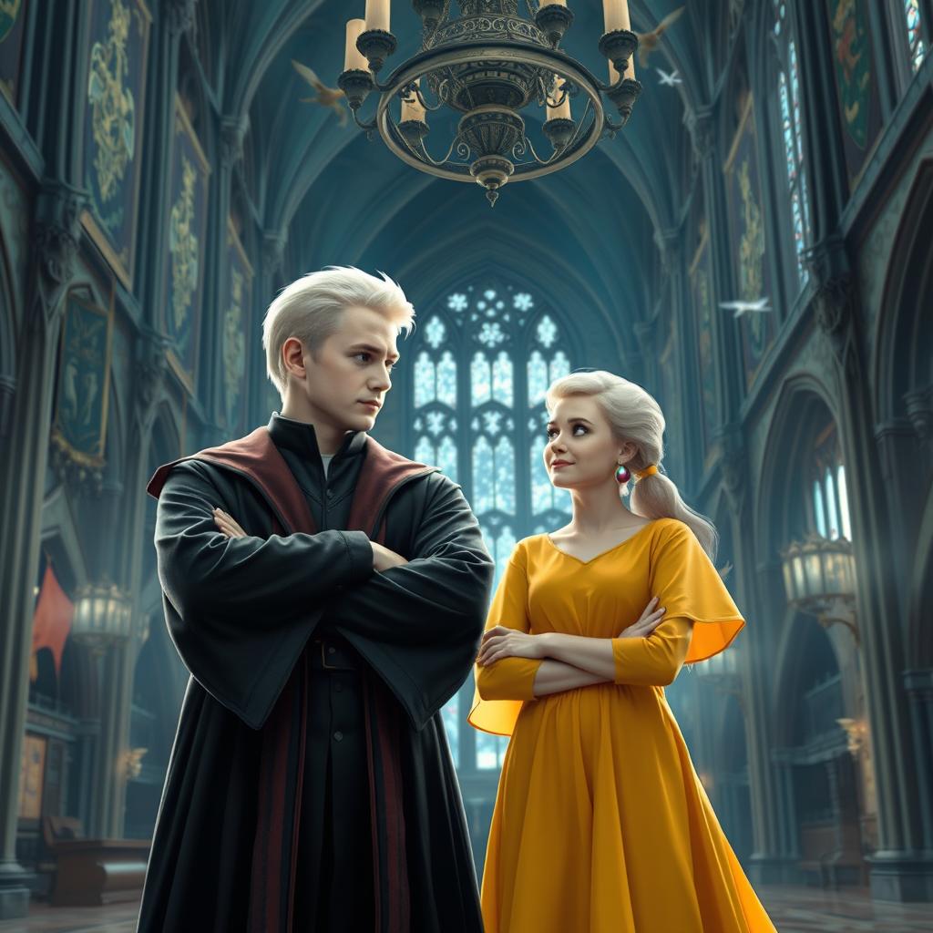 A magical scene at Hogwarts School of Witchcraft and Wizardry featuring Draco Malfoy and Luna Lovegood standing together in a grand, castle hall