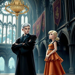 A magical scene at Hogwarts School of Witchcraft and Wizardry featuring Draco Malfoy and Luna Lovegood standing together in a grand, castle hall