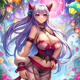 A stunning anime woman with exceptionally large breasts, featuring long flowing hair and bright, expressive eyes