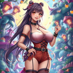 A stunning anime woman with exceptionally large breasts, featuring long flowing hair and bright, expressive eyes
